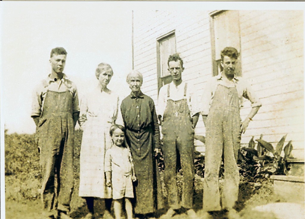 Left to Right_  Charlies paternal Uncle Fred, Grandmother Jenny Prewitt, Great Grandmother Jennie Perry, Dad, Uncle Ralph, and Charlie in front