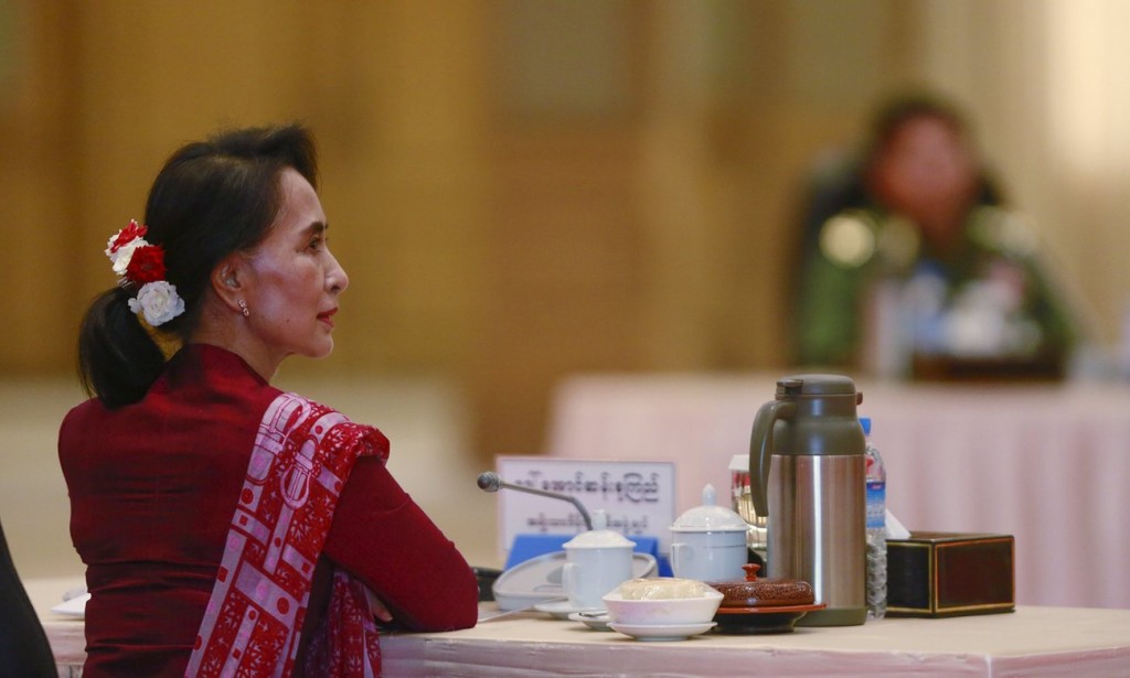 Myanmar pro-democracy leader Aung San Suu Kyi takes part in talks with Myanmar’s military leaders in April 2015. Photograph: Soe Zeya Tun/Reuters
