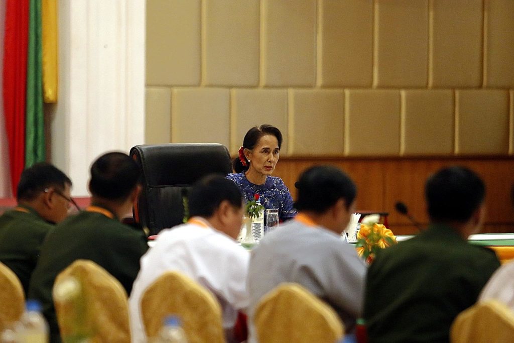 Ms Suu Kyi addressing the committee that monitors the National Ceasefire Accord on Wednesday. PHOTO: EUROPEAN PRESSPHOTO AGENCY