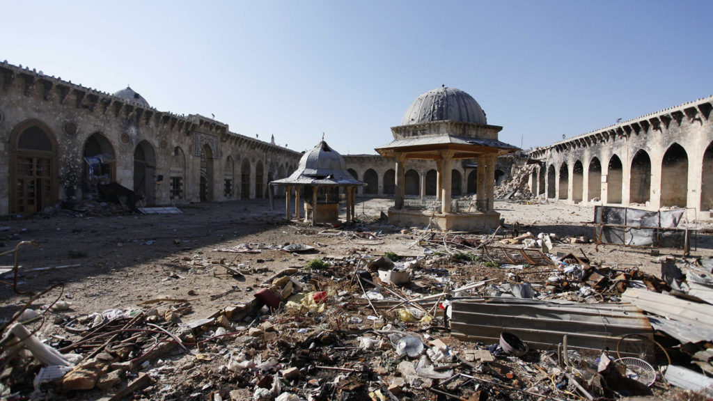 The Umayyad mosque in Aleppo, Syria was built between the 8th and 13th centuries and is reputedly home to the remains of John the Baptist's father. It is located in the walled Old City, a UNESCO World Heritage site. Heavy fighting during the Syrian civil war has ruined the holy site and toppled its minaret on April 13, 2013. Photo: Franklin Lamb