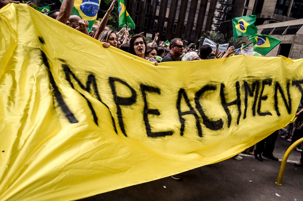 After the nomination of former President Lula da Silva for minister chief of staff, hundreds of people went to Avenida Paulista, in downtown São Paulo, Brazil, to protest against him and President Rousseff’s government, March 17, 2016. Photo: Gustavo Basso/NurPhoto/Sipa USA/AP