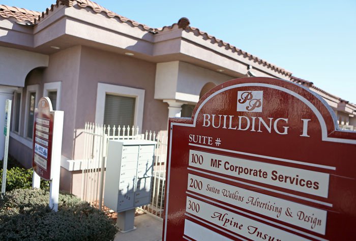 A sign for MF Corporate Services outside a buisness complex in Las Vegas, Nevada. Photo: McClatchy / Ronda Churchill