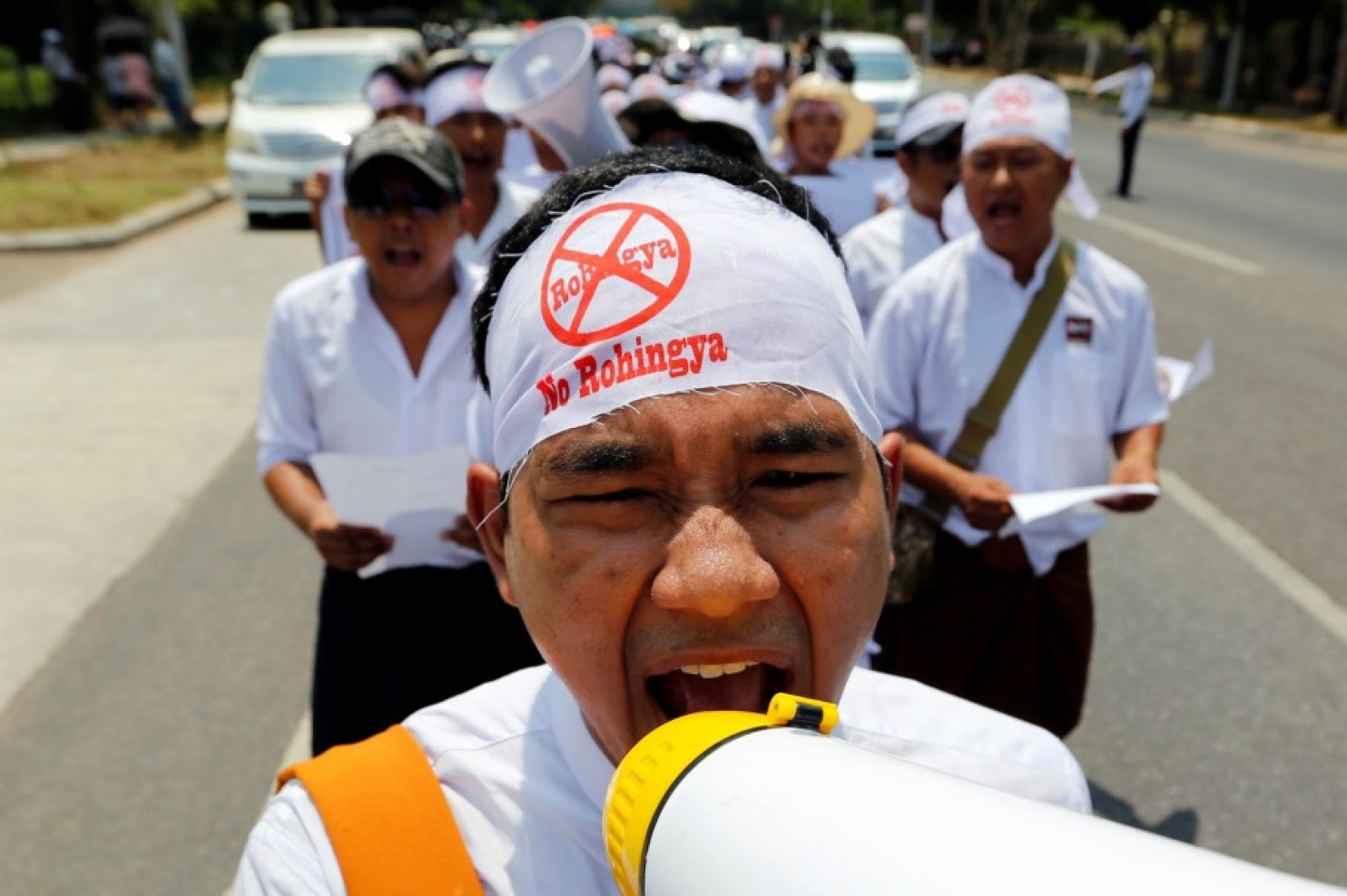  A demonstration outside the US embassy in Yangon against its use of the term Rohingya. Photograph: Soe Zeya Tun/Reuters