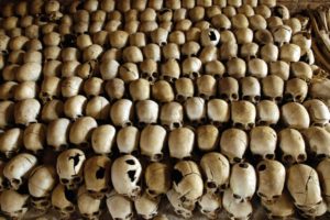 Skulls of victims of the Ntarama massacre during the 1994 genocide are lined in the Genocide Memorial Site church of Ntarama, in Nyamata 27 February 2004. In the Bugesera province, where the small town of Nyamata is located, the 1994 Rwandan genocide was particularly brutal. Among the 59.000 Tutsis who lived in the province, 50.000 were killed during the genocide, and among them 10.000 were slain in the church. AFP PHOTO/GIANLUIGI GUERCIA (Photo credit should read GIANLUIGI GUERCIA/AFP/Getty Images) GIANLUIGI GUERCIAAFP/Getty Images