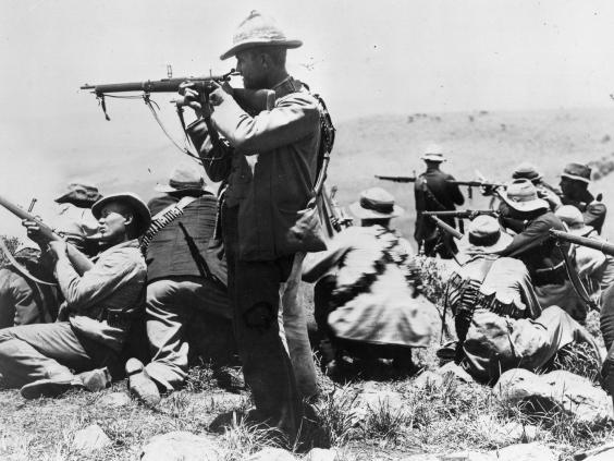 Armed Afrikaners on the veldt near Ladysmith during the second Boer War, circa 1900