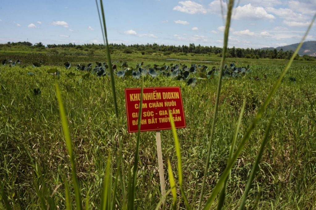  A warning sign stands in a field contaminated with dioxin near Danang airport, during a ceremony marking the start of a project to clean up dioxin left over from the Vietnam War, at a former U.S. military base in Danang, Vietnam, Thursday, Aug. 9, 2012. The sign reads; "Dioxin contamination zone - livestock, poultry and fishery operations not permitted". (AP Photo/Maika Elan)