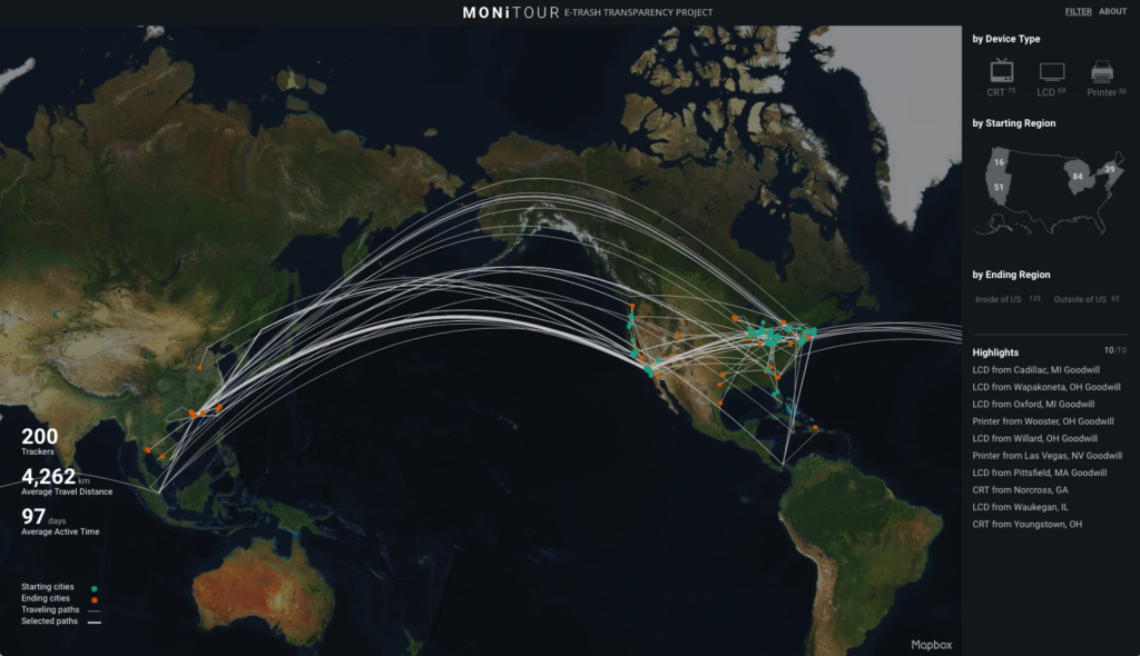 A screenshot of an interactive map produced by MIT’s Senseable City Lab visualizing exports of e-waste. Map: Massachusetts Institute of Technology’s Senseable City Lab (MIT-SCL)