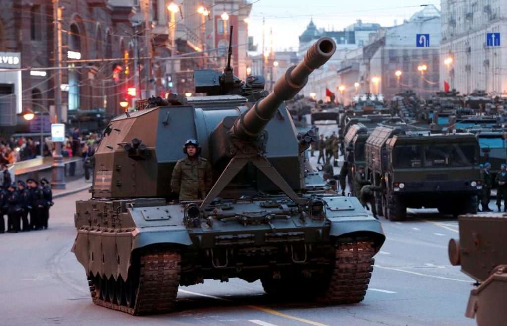 Russian military vehicles are parked in Tverskaya street before moving towards Red Square for a rehearsal for the Victory Day parade in central Moscow, Russia, April 28, 2016.