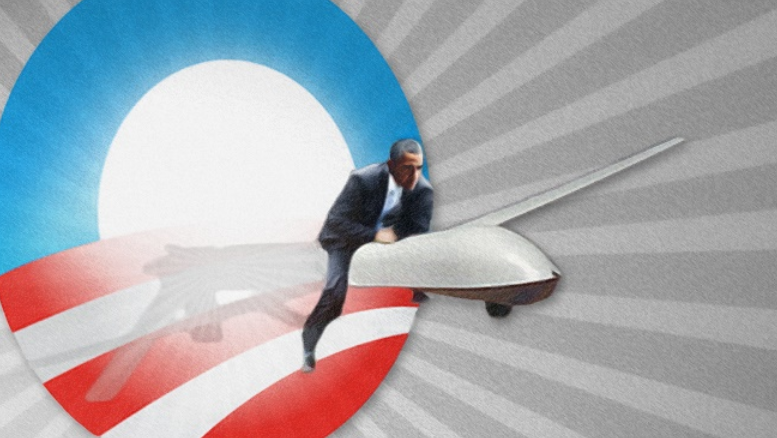 Obama riding a Drone.