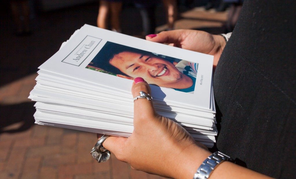 A booklet shows a photo of Andrew Chan on the cover during his funeral service at Hillsong Church on May 8, 2015, in Sydney, Australia. Photo: Hillsong Church/Getty Images