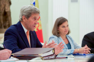 U.S. Secretary of State John Kerry, flanked by Assistant Secretary of State for European and Eurasian Affairs Victoria “Toria” Nuland, addresses Russian President Vladimir Putin in a meeting room at the Kremlin in Moscow, Russia, at the outset of a bilateral meeting on July 14, 2016. [State Department Photo]