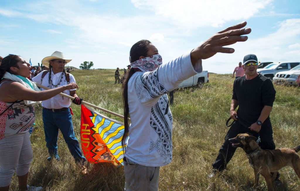 Protesters at the Standing Rock Sioux reservation, in North Dakota, on Saturday. Photograph by Robyn Beck / AFP / Getty