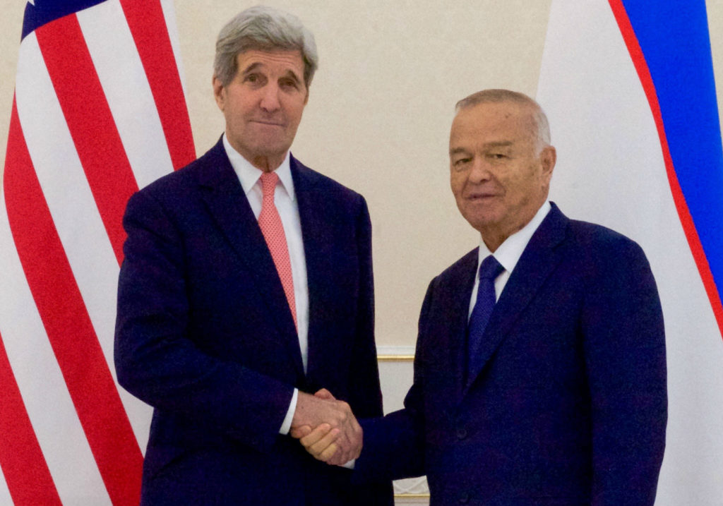U.S. Secretary of State John Kerry Shakes Hands with President Karimov of Uzbekistan in Samarkand, November 2015. Image courtesy U.S. Dept. of State