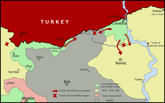 Map of the Turkish-led offensive in the northern Aleppo Governorate, showing the ongoing developments in west of Euphrates River. Source Wikipedia