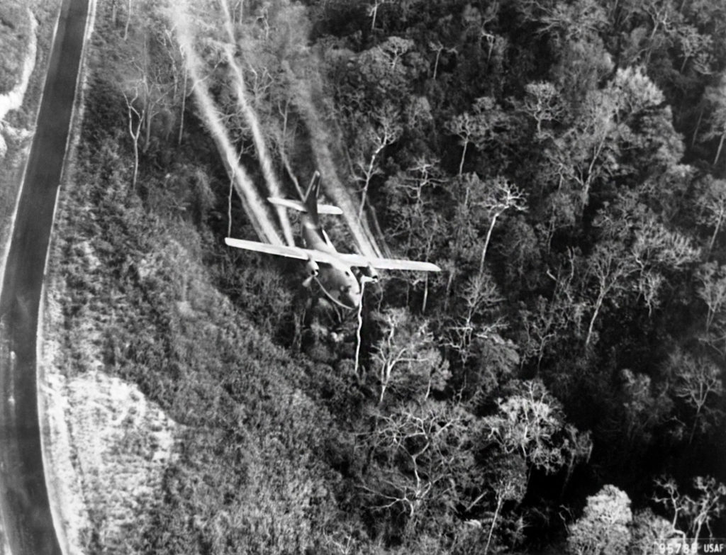 Agent Orange is sprayed over a forest in north Vietnam, during the Vietnam war. Source: Getty Images
