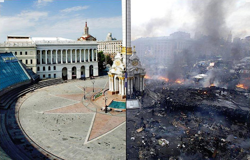 The NGOs of arch manipulator George Soros played a big part in the 2014 Ukrainian coup. Above: the Maidan in Ukraine, before and after.