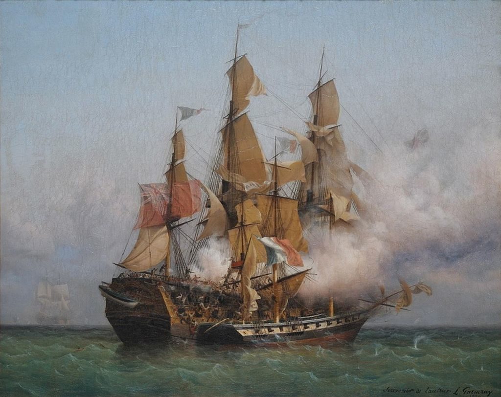 East Indiaman Kent battling Confiance, a privateer vessel commanded by French corsair Robert Surcouf in October 1800, as depicted in a painting by Ambroise Louis Garneray. (Wikimedia Commons)