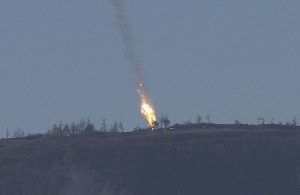 Video of the Russian SU-24 exploding in flames inside Syrian territory after it was shot down by Turkish air-to-air missiles on Nov. 24, 2015.