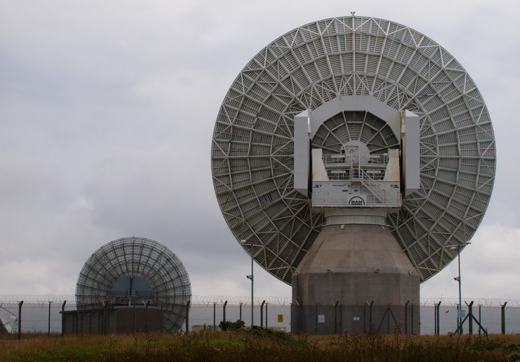 The back of two satellite antennae at GCHQ’s surveillance base in Bude, England. Photo: Education Images/UIG/Getty Images