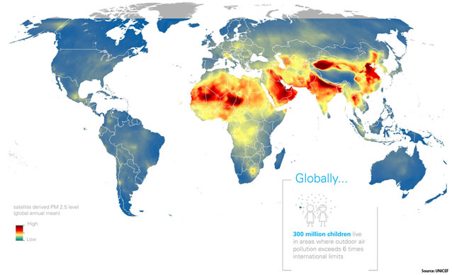 Around 2 billion children live in areas where outdoor air pollution exceeds international limits. Source: UNICEF