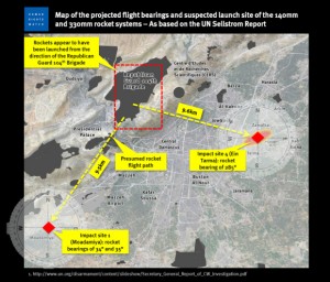 The controversial map developed by Human Rights Watch and embraced by the New York Times, supposedly showing the flight paths of two missiles from the Aug. 21 Sarin attack intersecting at a Syrian military base.