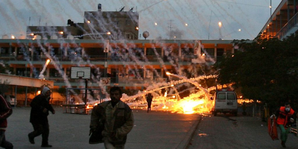 Israel targets a UN-run school in Beit Lahiya with white phosphorous munitions during 'Operation Cast Lead', January 17, 2009 (Iyad El-Baba/UNRWA)