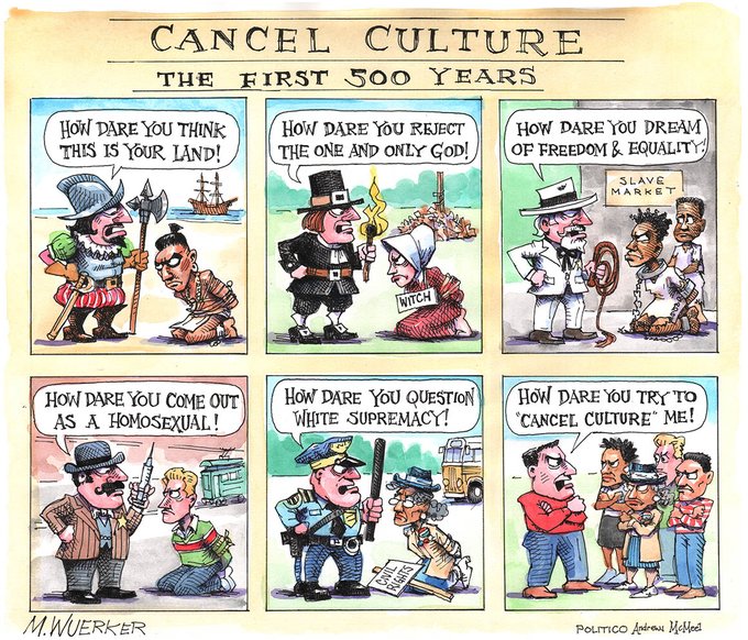 Cancel Culture comic strip that shows historical images depicting cancel culture scenarios throughout history